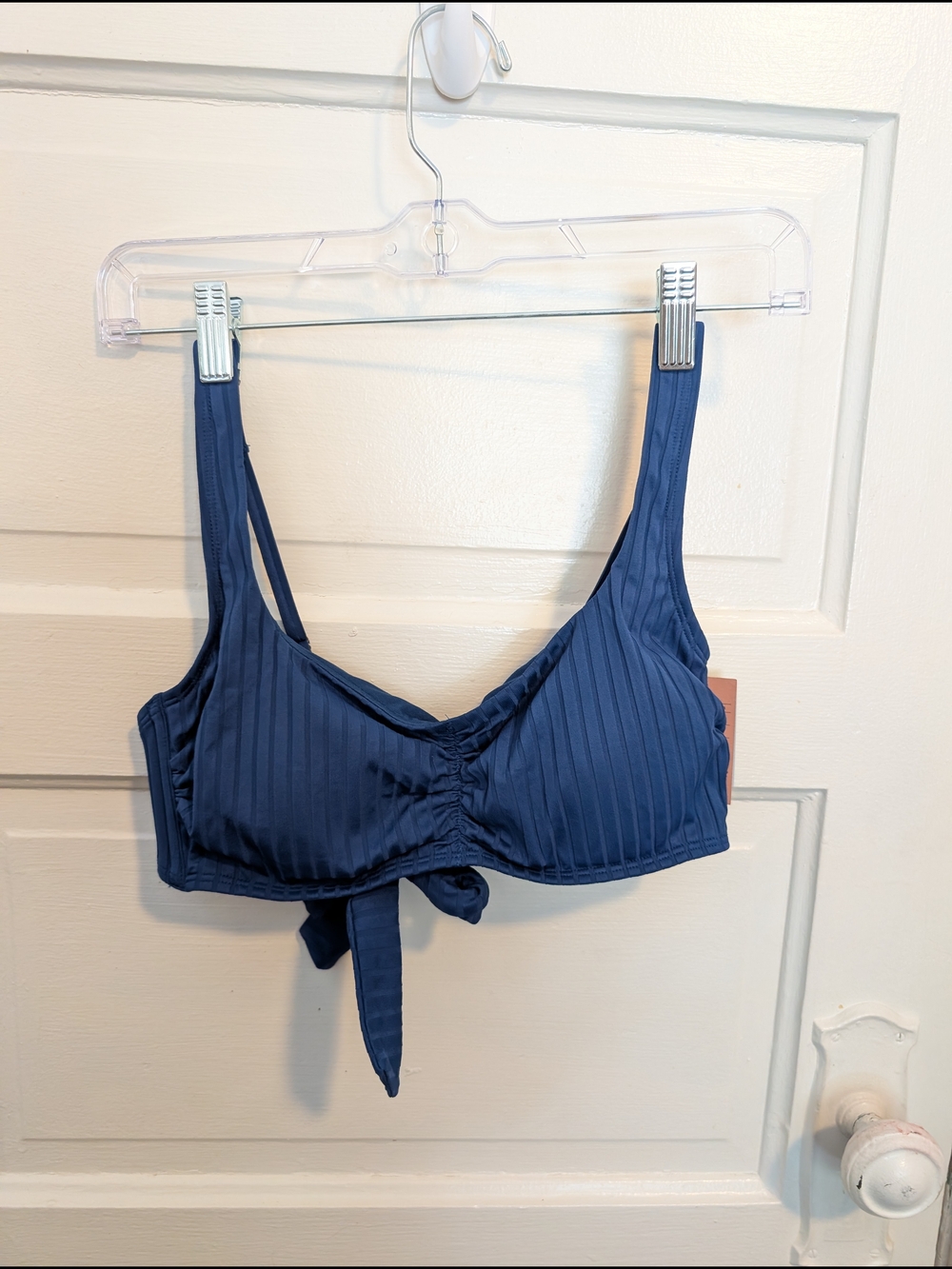 NWT Feminine Navy Blue Ribbed Tie-Front Bikini Swim Top Shade & Shore